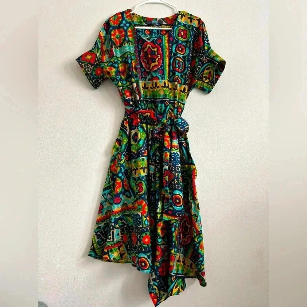 Eva Franco Vibrant Short Sleeve Silk Dress | size 6
